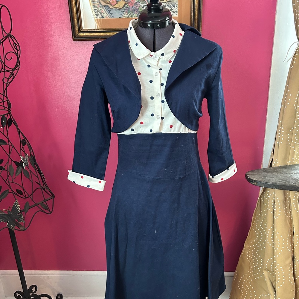 Polka Dot Blouse and Navy wiggle dress with Bolero